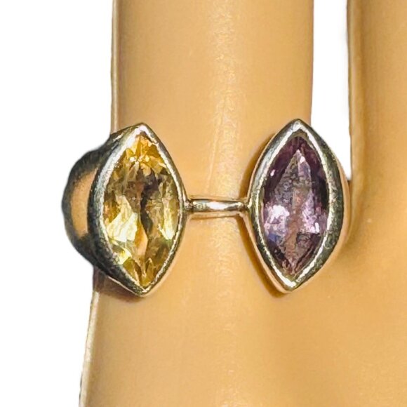 Citrine & Amethyst Gemstones 925 Silver Vintage Bypass Ring Size 7.75 - Picture 6 of 10
